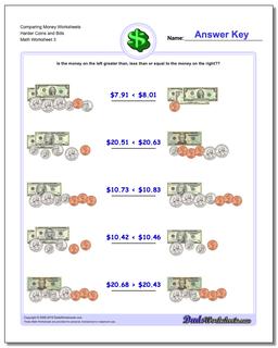 Comparing Money Worksheet Harder Coins and Bills