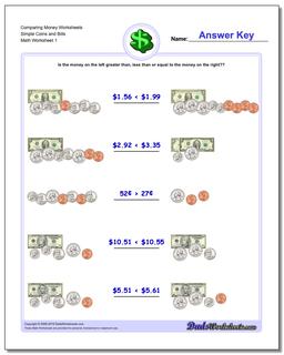 Money Comparing Worksheet Simple Coins and Bills