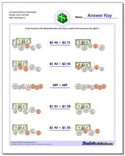 Comparing Money Worksheet Simple Coins and Bills
