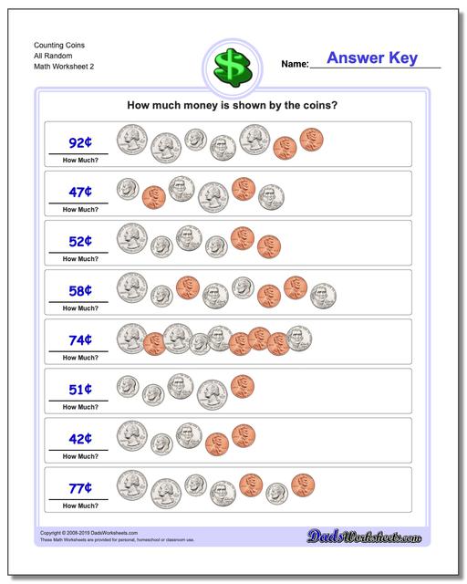 Counting Coins All Random www.dadsworksheets.com/worksheets/money.html Worksheet