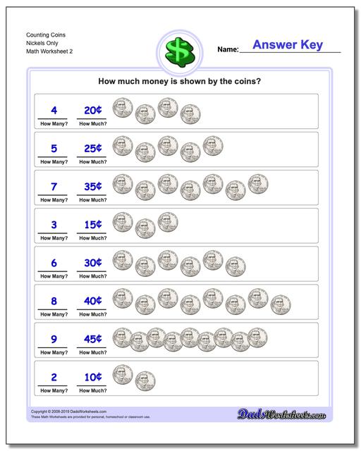 Counting Coins Nickels Only www.dadsworksheets.com/worksheets/money.html Worksheet