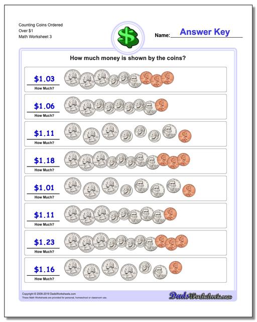 Counting Coins Ordered Over $1 Worksheet