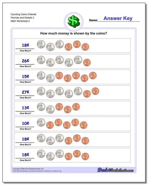 Counting Coins Ordered Pennies and Nickels 2 www.dadsworksheets.com/worksheets/money.html Worksheet