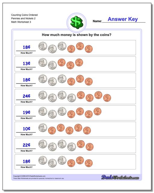 Counting Coins Ordered Pennies and Nickels 2 Worksheet