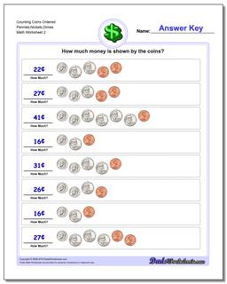 Counting Coins Ordered Pennies,Nickels,Dimes /worksheets/money.html Worksheet