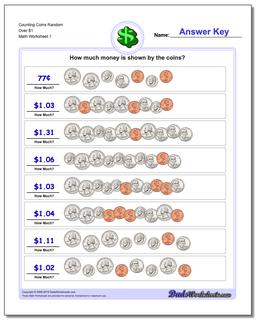 Counting Coins Random Over $1 Money Worksheet