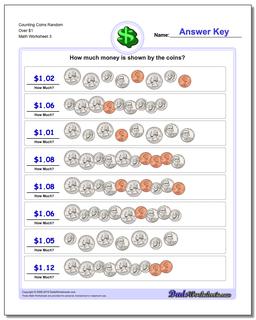Counting Coins Random Over $1 Worksheet