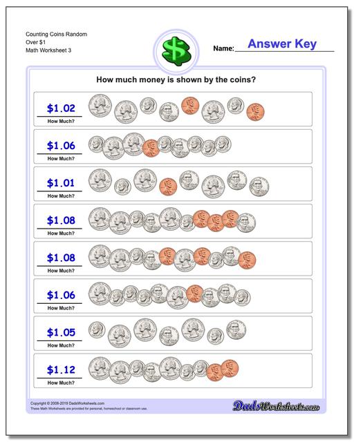 Counting Coins Random Over $1 Worksheet