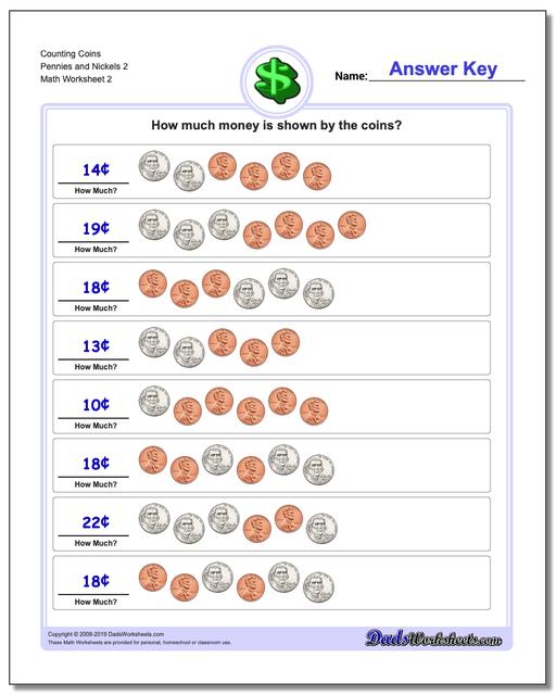 Counting Coins Pennies and Nickels 2 www.dadsworksheets.com/worksheets/money.html Worksheet