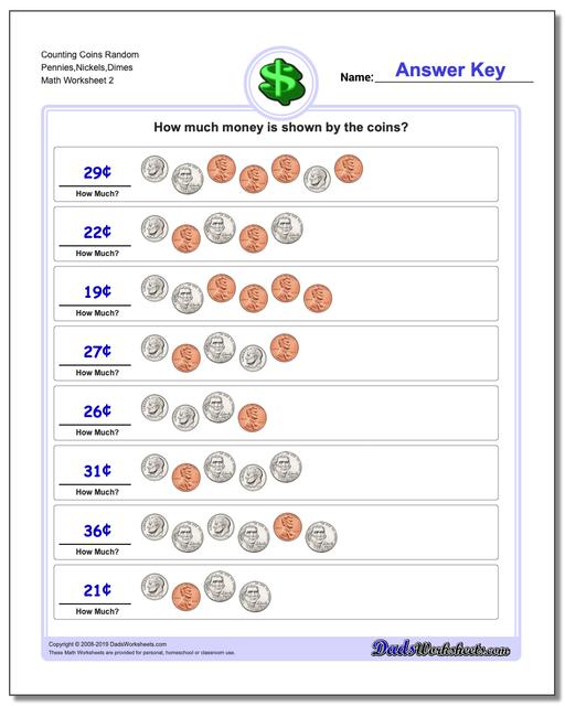 Counting Coins Random Pennies,Nickels,Dimes www.dadsworksheets.com/worksheets/money.html Worksheet