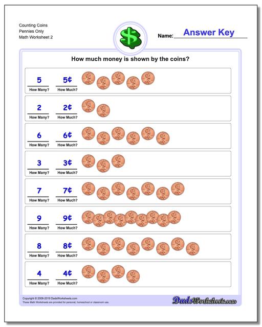Math Worksheets: Money: Money: Counting Coins Pennies Only (Second