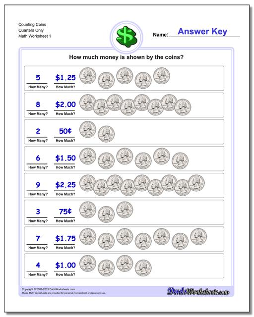 Counting Coins Quarters Only Money Worksheet