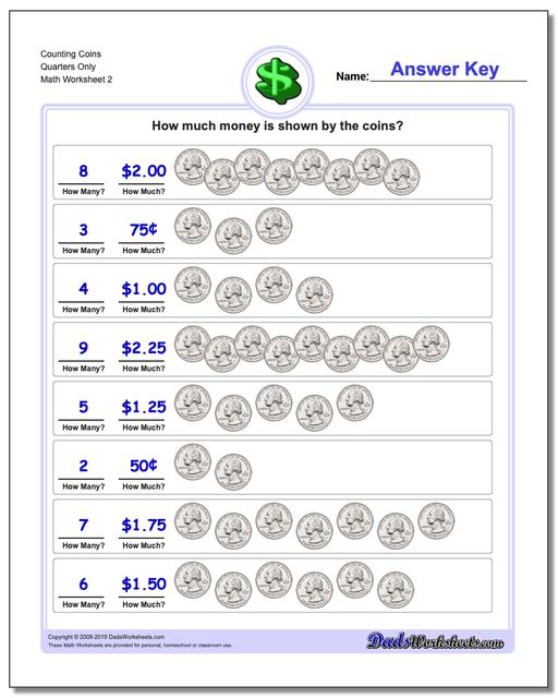 Counting Coins Quarters Only www.dadsworksheets.com/worksheets/money.html Worksheet