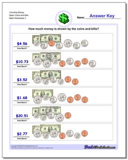 Counting Money Basic Coins and Bills Worksheet