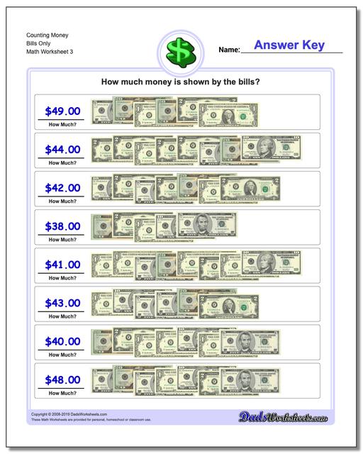 Counting Money Bills Only Worksheet