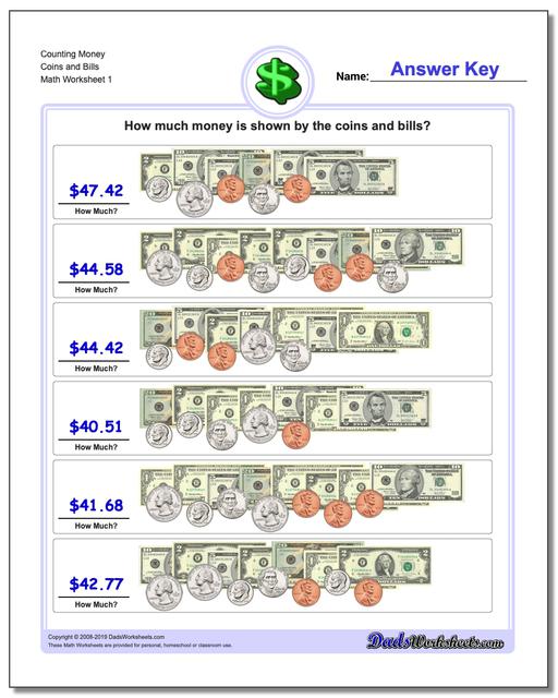 Counting Bills And Coins Worksheets