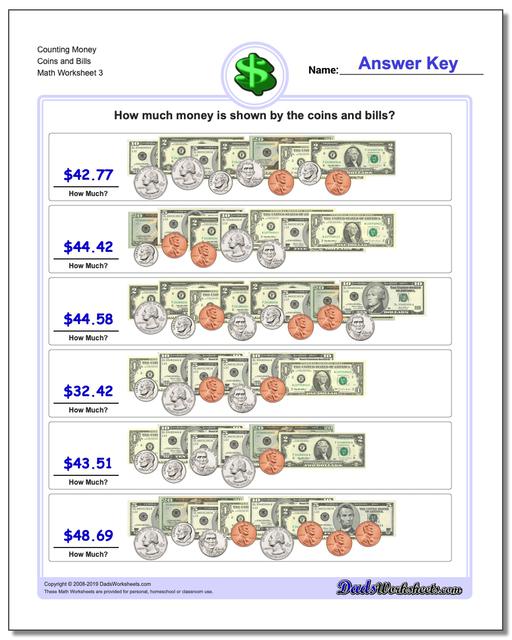 Counting Money Coins and Bills Worksheet