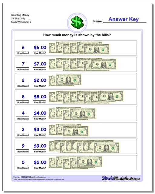 Counting Money $1 Bills Only www.dadsworksheets.com/worksheets/money.html Worksheet