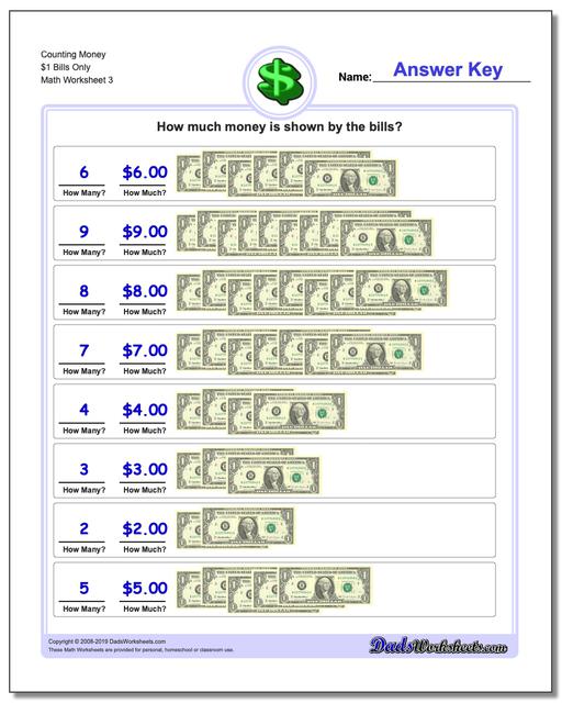 Counting Money $1 Bills Only Worksheet