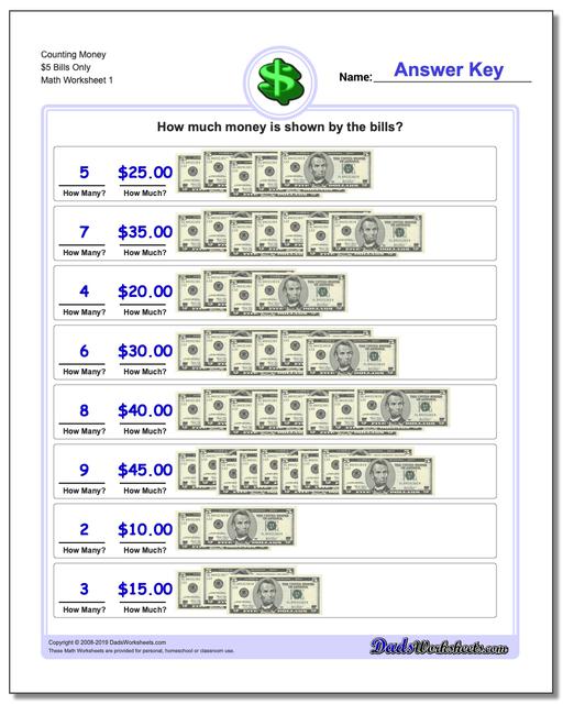 Money Counting $5 Bills Only Worksheet