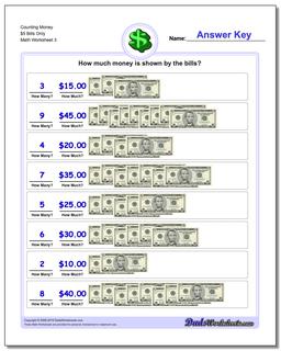 Counting Money $5 Bills Only Worksheet