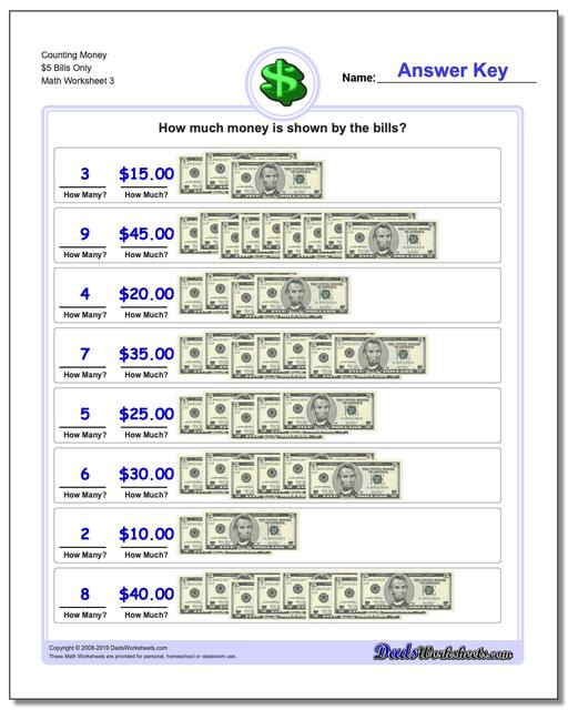 Counting Money $5 Bills Only Worksheet