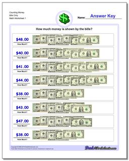 Money Counting Bills Only Worksheet