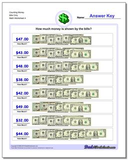 Counting Money Bills Only Worksheet