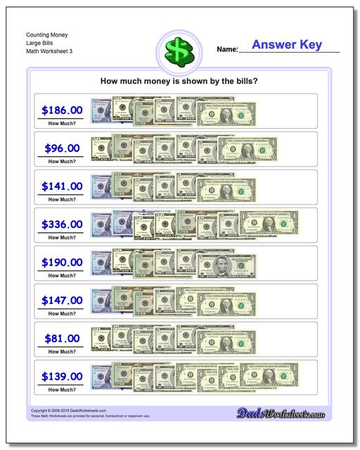 Counting Money Large Bills Worksheet