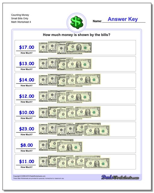Counting Money Small Bills Only Worksheet