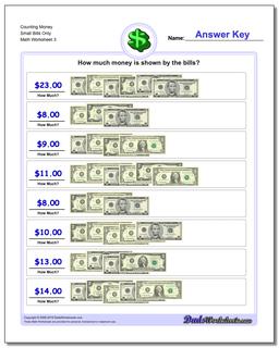 Counting Money Small Bills Only Worksheet
