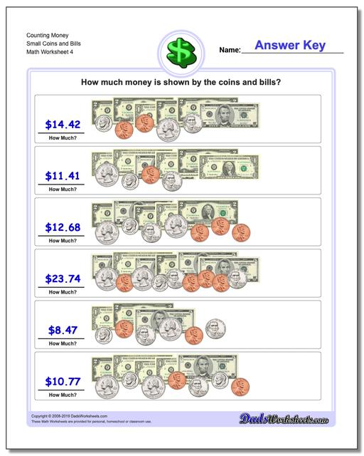 Counting Money Small Coins and Bills Worksheet