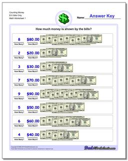 Money Counting $10 Bills Only Worksheet
