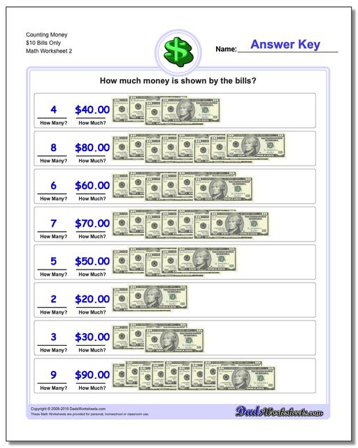Counting Money $10 Bills Only www.dadsworksheets.com/worksheets/money.html Worksheet