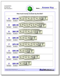 Counting Money $10 Bills Only Worksheet