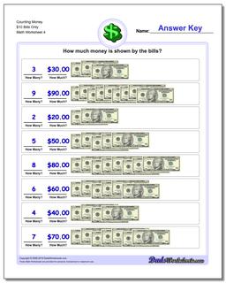 Counting Money $10 Bills Only Worksheet