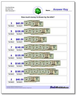 Money Counting $20 Bills Only Worksheet