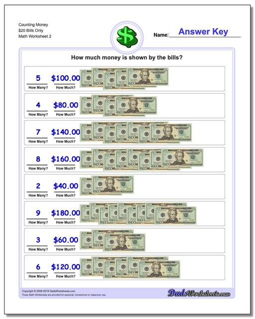 Counting Money $20 Bills Only www.dadsworksheets.com/worksheets/money.html Worksheet