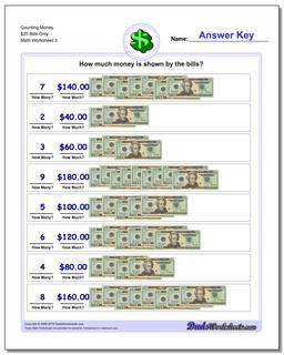 Counting Money $20 Bills Only Worksheet