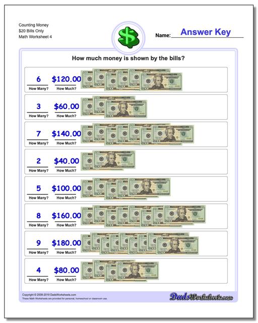 Counting Money $20 Bills Only Worksheet