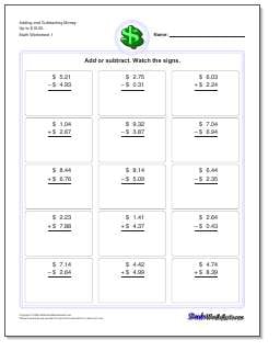 Printable adding and subtracting money worksheet with answer key