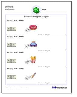 Printable making change worksheet with answer key