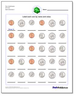 Printable coin identification worksheet with answer key