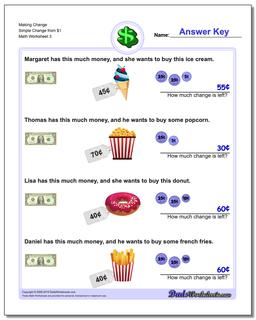 Making Change Simple Change from $1 Worksheet