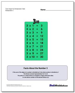 Color Single Fact Multiplication Worksheet Table