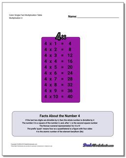 Color Single Fact Multiplication Worksheet Table