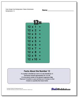 Color Single Fact Multiplication Tables Worksheet