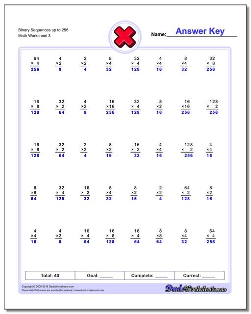 Binary Sequences up to 256 Worksheet