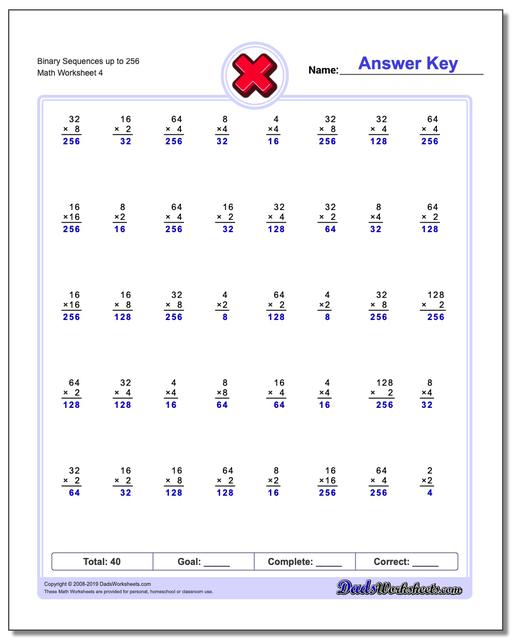 Math Worksheets: Multiplication: Multiplication: Binary Sequences up to ...