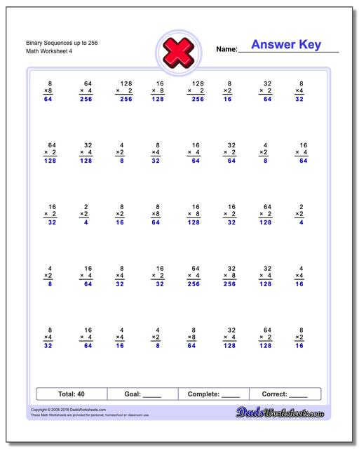 Binary Sequences up to 256 Worksheet